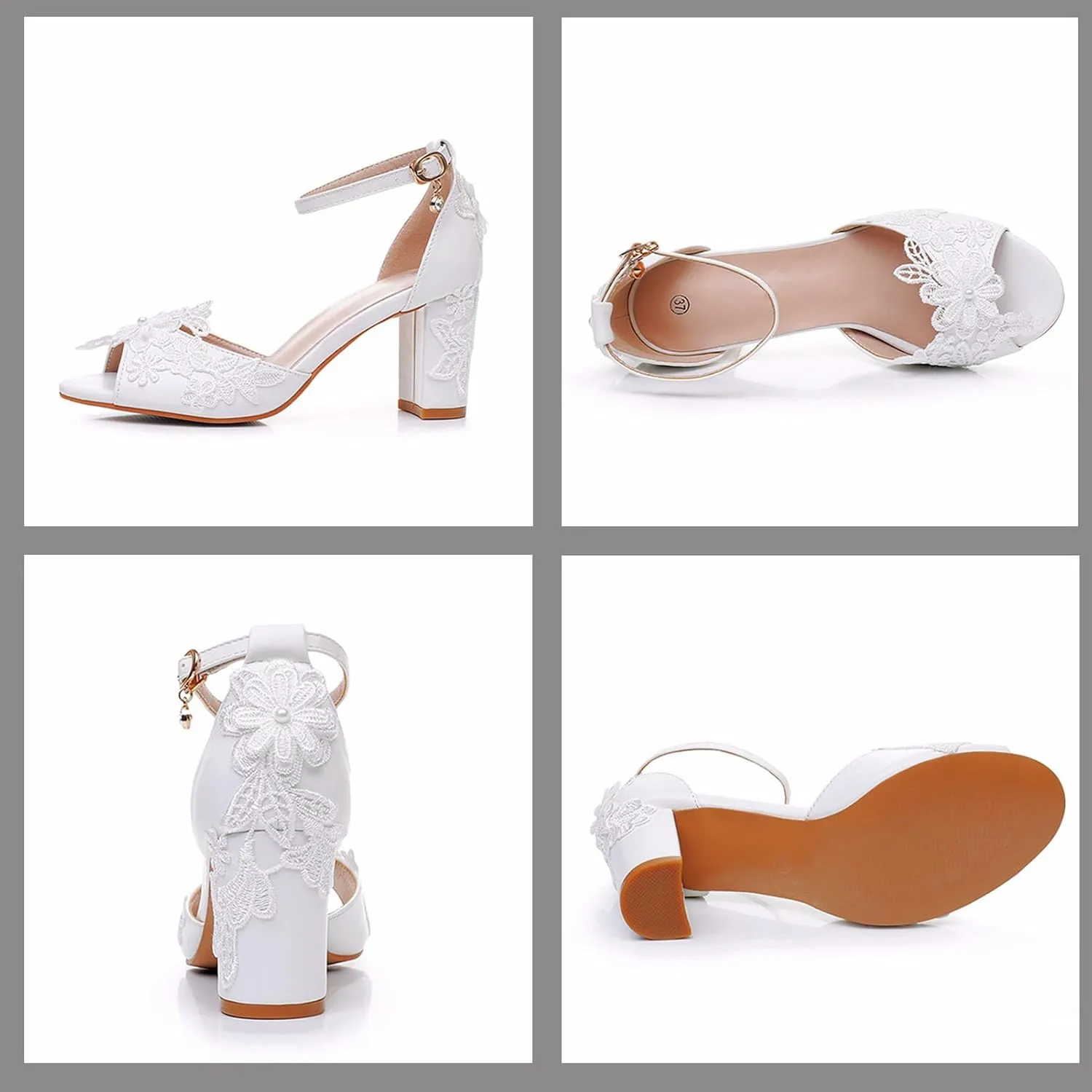 Chaussures De Mariage Mariée Femmes Dentelle Talon Bottier Escarpins Bout Ouvert Et Talon Épais pour Femme Sandales À Talons Hauts 7.5Cm