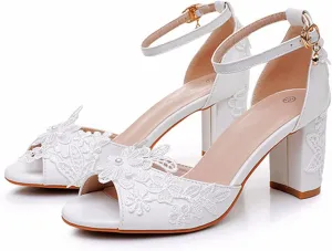 Chaussures De Mariage Mariée Femmes Dentelle Talon Bottier Escarpins Bout Ouvert Et Talon Épais pour Femme Sandales À Talons Hauts 7.5Cm