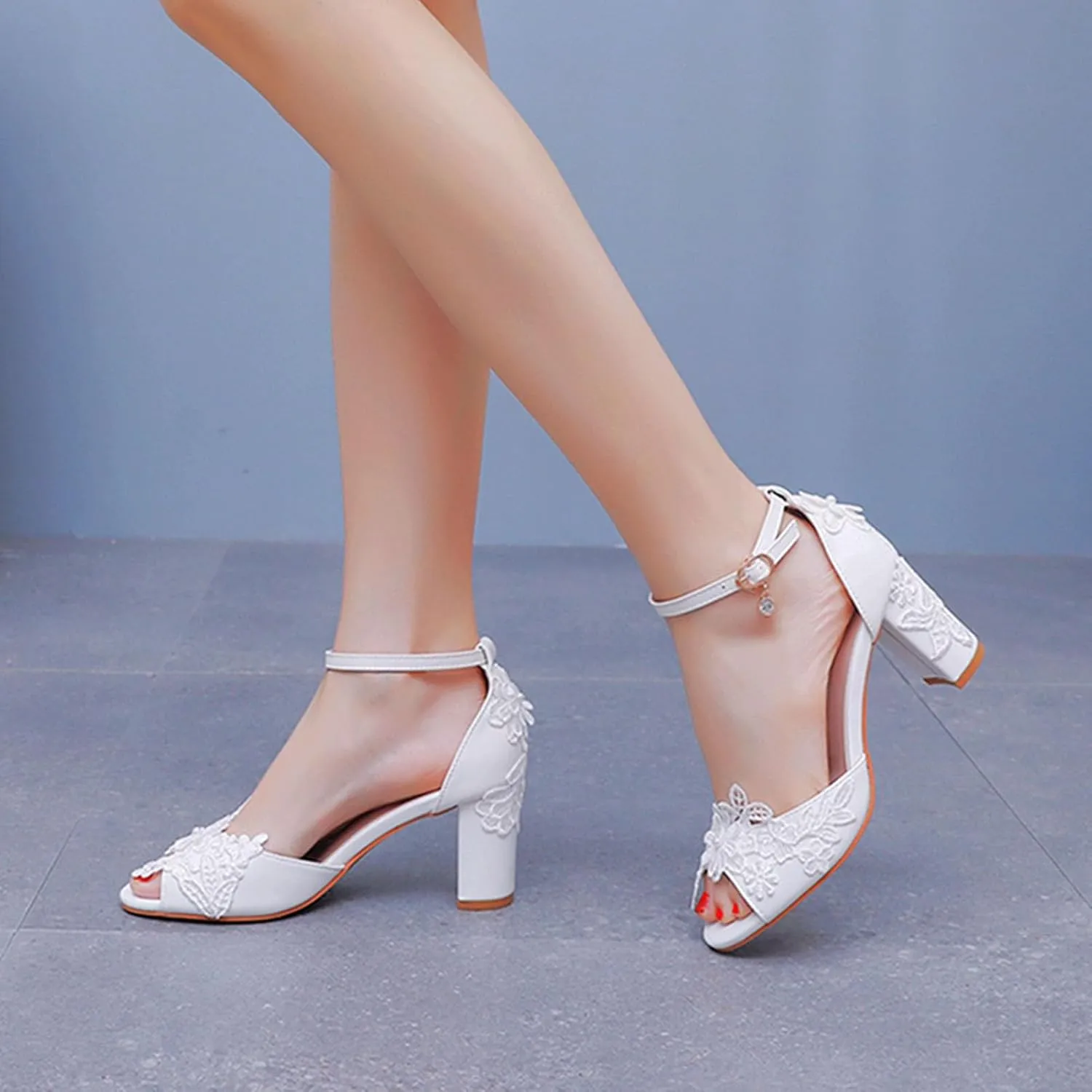 Chaussures De Mariage Mariée Femmes Dentelle Talon Bottier Escarpins Bout Ouvert Et Talon Épais pour Femme Sandales À Talons Hauts 7.5Cm