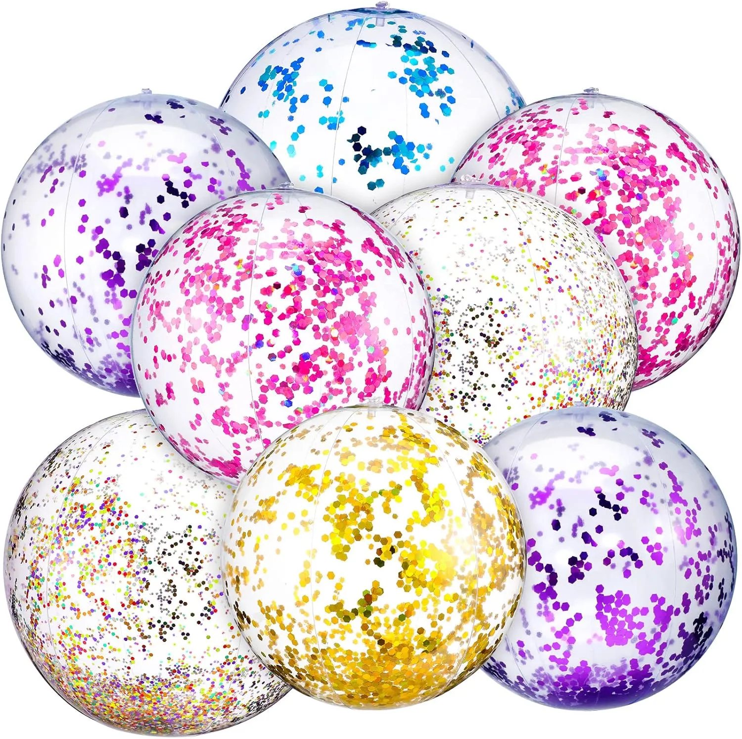 Chivao 10 Pcs Inflateable Sequin Glitter Beach Balls, 24 Inch and 16 Inch Jumbo Pool Confetti Glitter Balls, Swimming Pool Beach Toys for Summer Favor Decorations