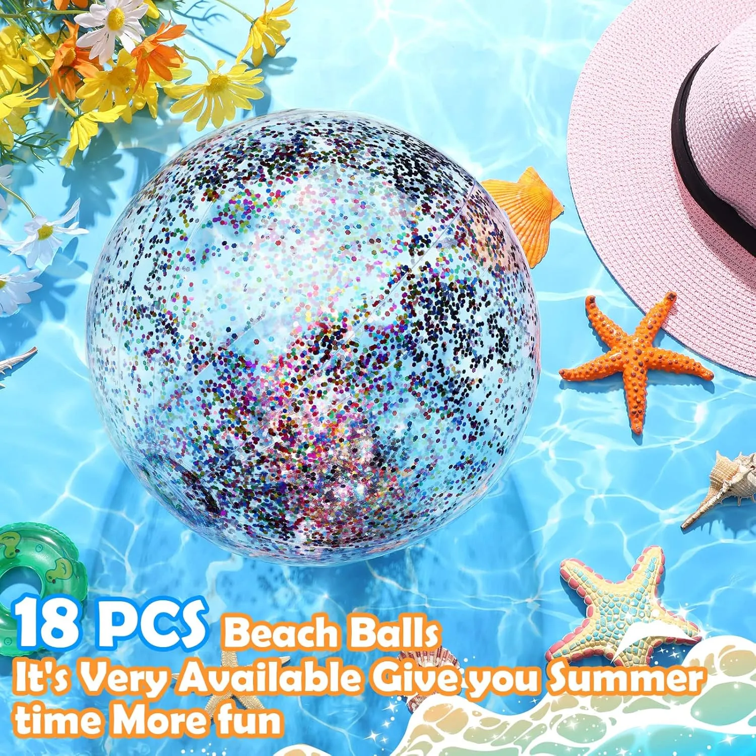 Chivao 18 Pcs Large Beach Balls 24 Inch 16 Inch Inflatable Beach Ball Sequins Swimming Pool Ball Floatable Glitter Ball for Summer Pool Beach Outdoor Party Favors