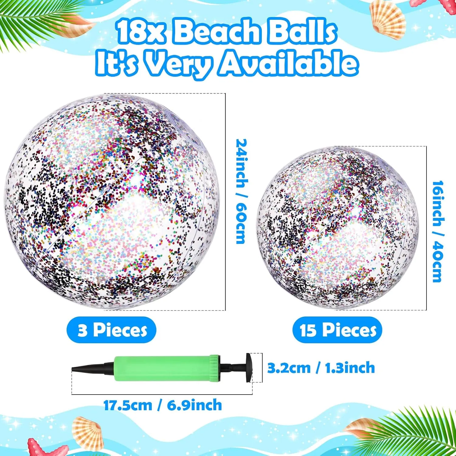 Chivao 18 Pcs Large Beach Balls 24 Inch 16 Inch Inflatable Beach Ball Sequins Swimming Pool Ball Floatable Glitter Ball for Summer Pool Beach Outdoor Party Favors