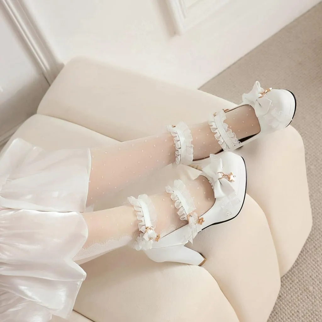Chunky High Heels Mary Jane Pumps for Women Round Toe Platform Sweet Bow Lolita Elegant Dressy Shoes