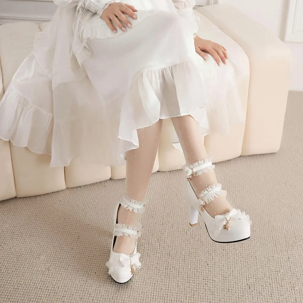 Chunky High Heels Mary Jane Pumps for Women Round Toe Platform Sweet Bow Lolita Elegant Dressy Shoes