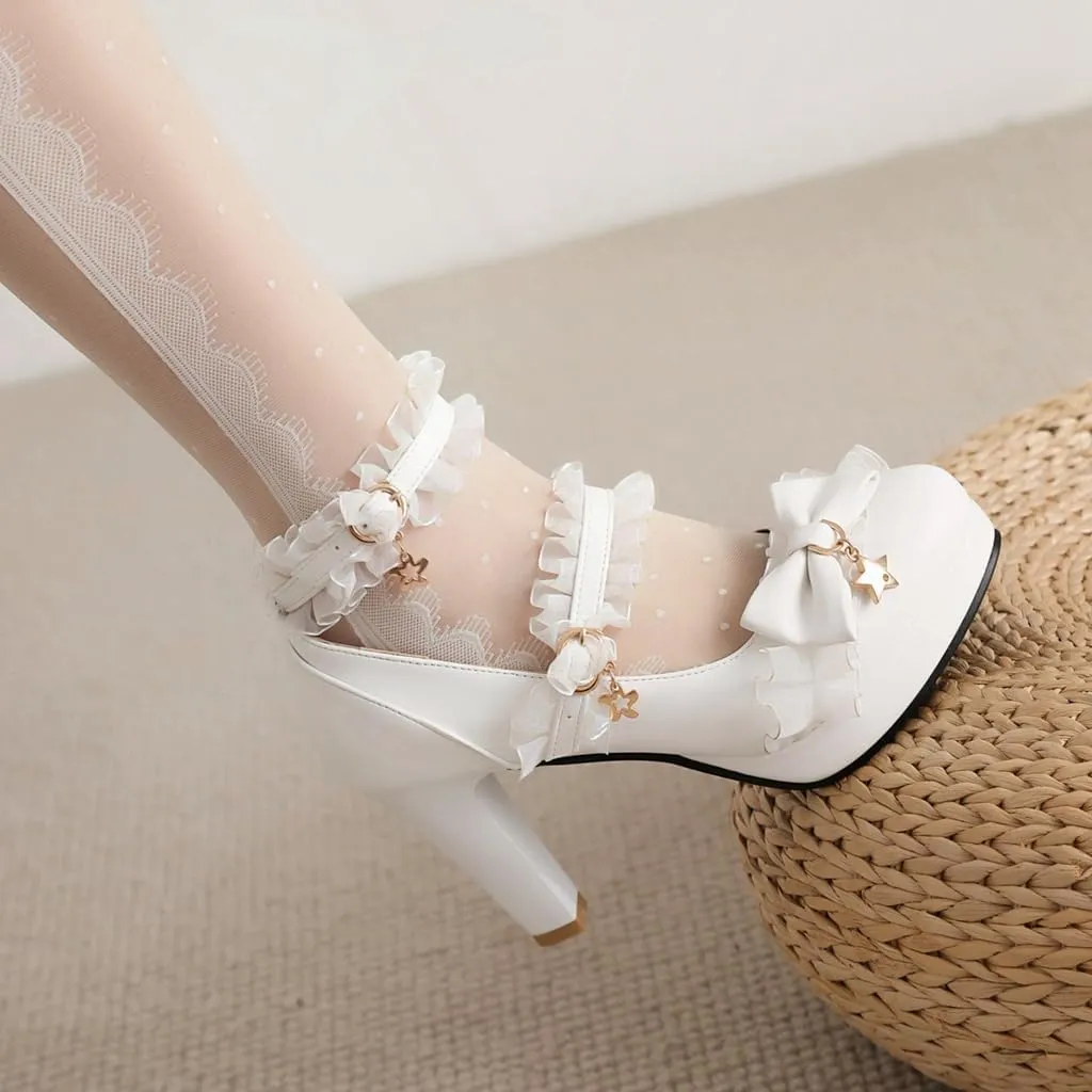 Chunky High Heels Mary Jane Pumps for Women Round Toe Platform Sweet Bow Lolita Elegant Dressy Shoes