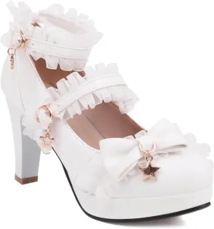 Chunky High Heels Mary Jane Pumps for Women Round Toe Platform Sweet Bow Lolita Elegant Dressy Shoes