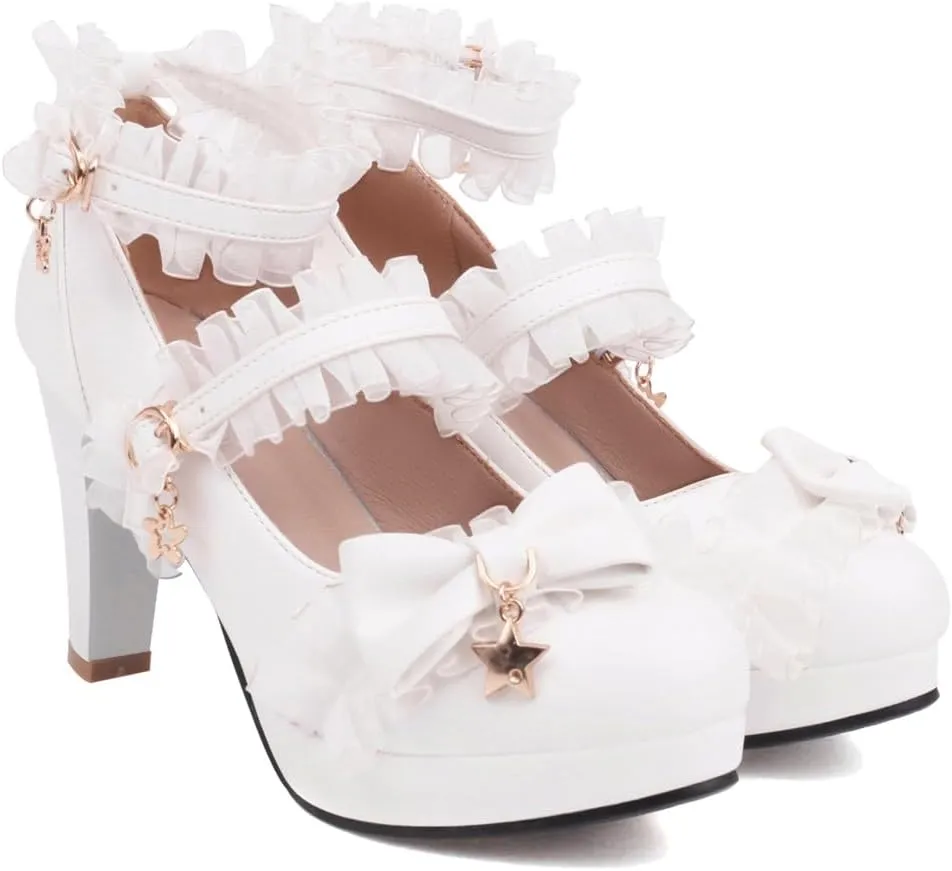 Chunky High Heels Mary Jane Pumps for Women Round Toe Platform Sweet Bow Lolita Elegant Dressy Shoes