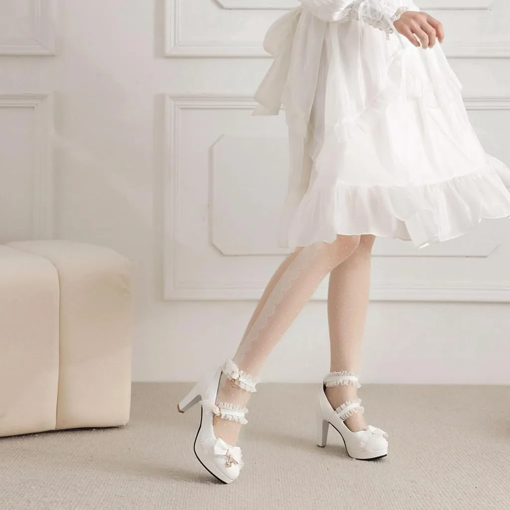 Chunky High Heels Mary Jane Pumps for Women Round Toe Platform Sweet Bow Lolita Elegant Dressy Shoes