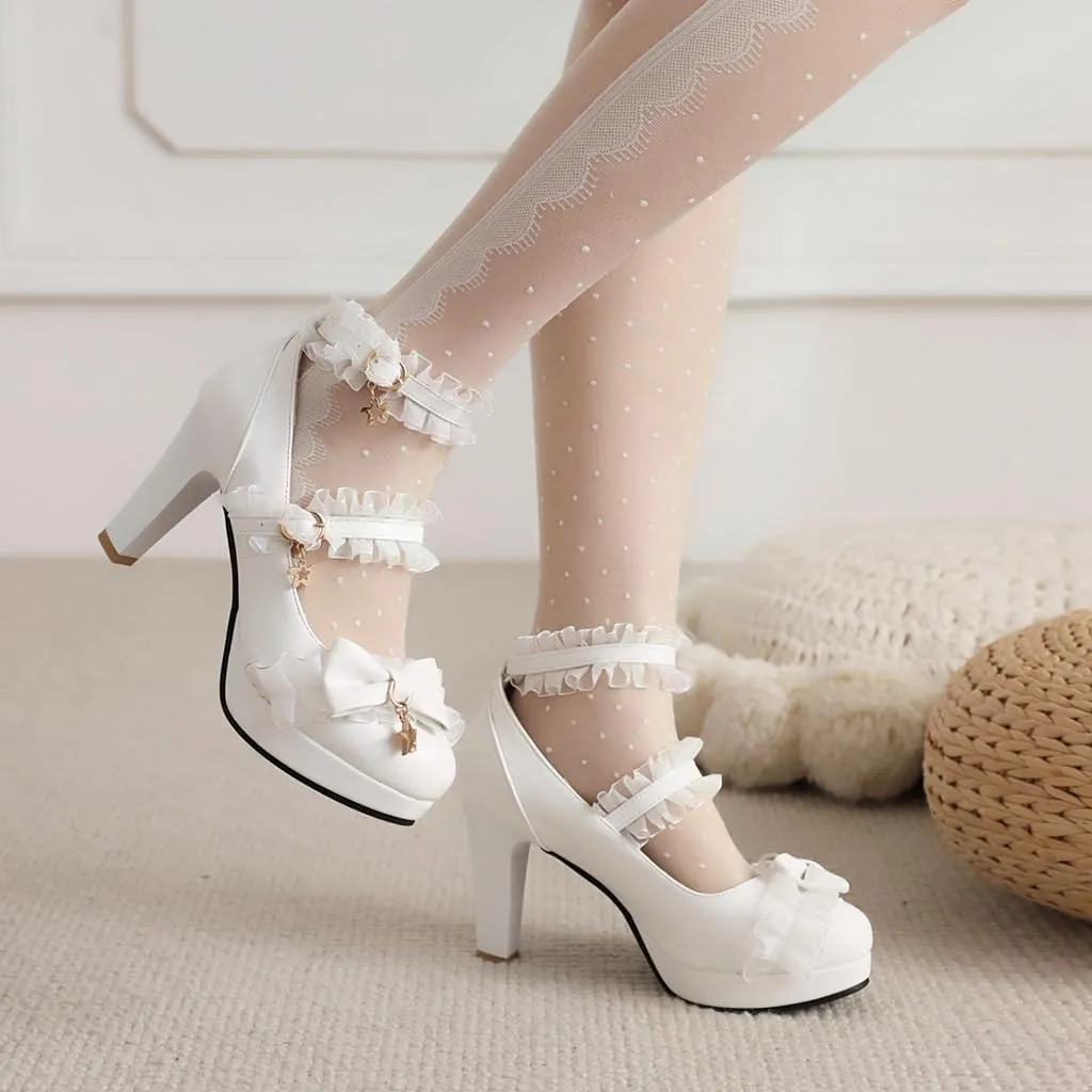 Chunky High Heels Mary Jane Pumps for Women Round Toe Platform Sweet Bow Lolita Elegant Dressy Shoes