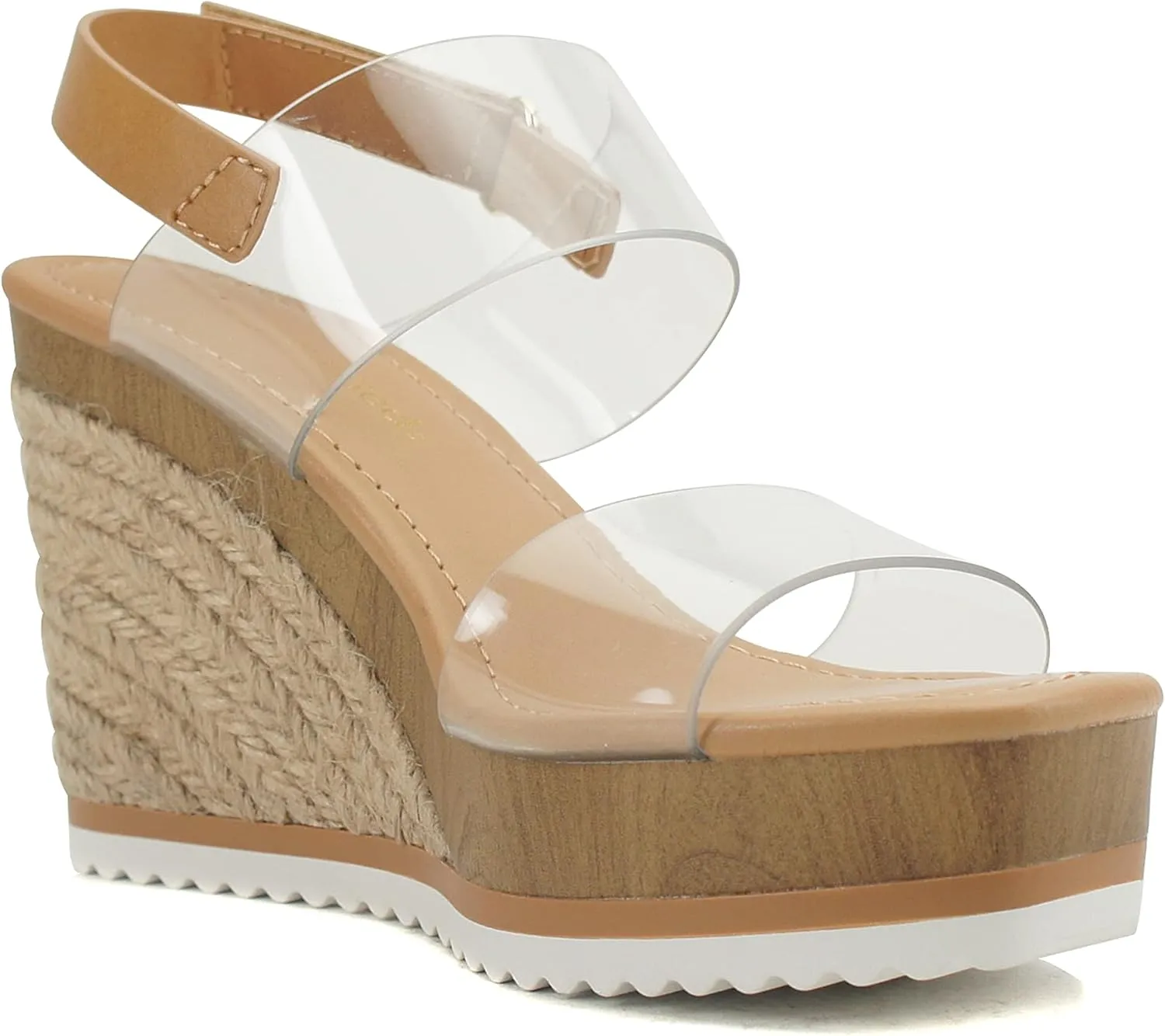 CITYCLASSIFIED INTEND ~ Women Open Toe Trendy Translucent Lucid Upper Fashion Espadrille Wedge Sandals with Hook & Loop Sling Strap