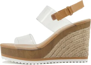 CITYCLASSIFIED INTEND ~ Women Open Toe Trendy Translucent Lucid Upper Fashion Espadrille Wedge Sandals with Hook & Loop Sling Strap