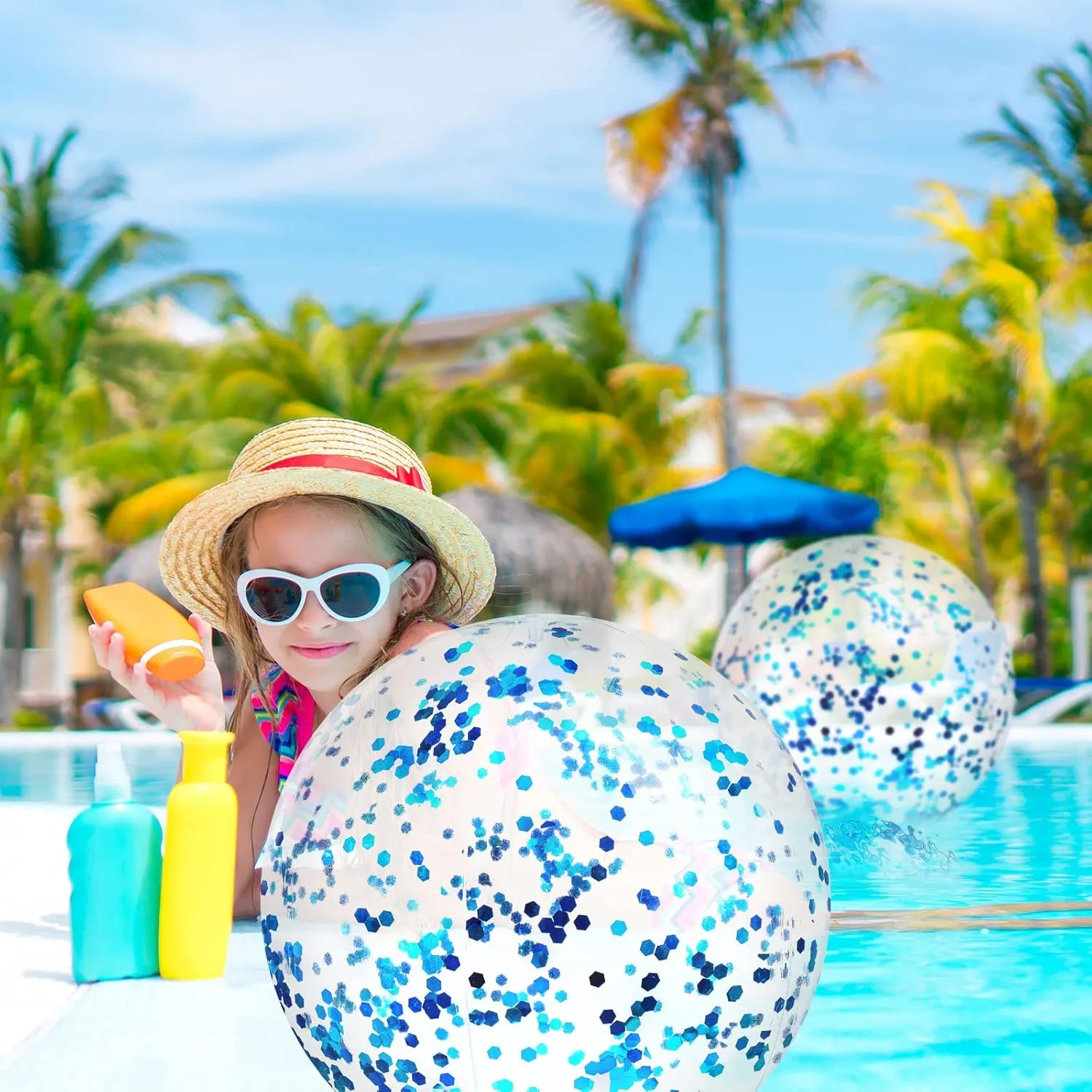 Civaner 10 Pcs Inflatable Glitter Beach Balls 16 Inch Confetti Pool Balls for Party Decorations Blow up Balloon Toys for Outdoor Summer Graduation Wedding Xmas(Blue)