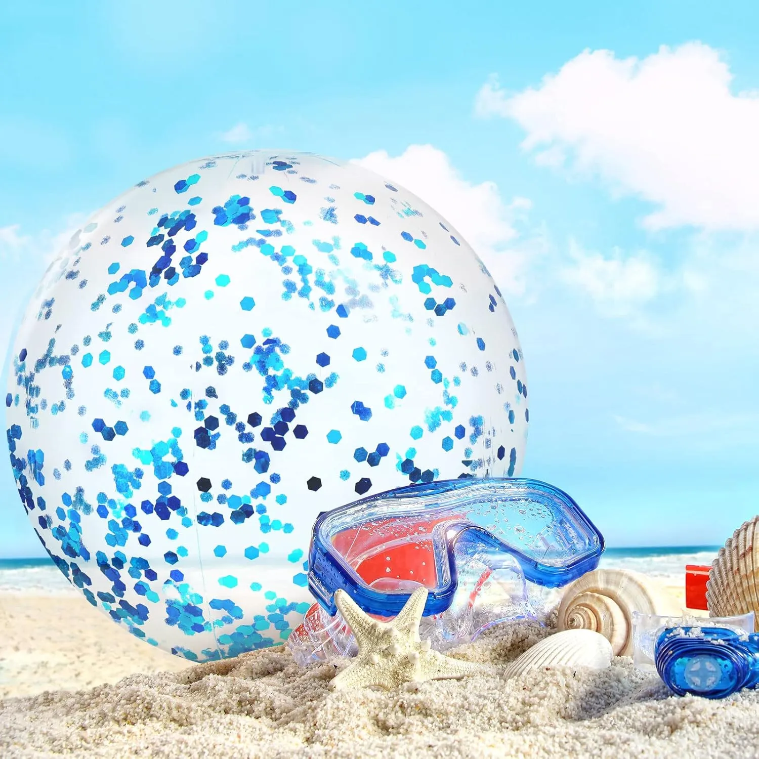 Civaner 10 Pcs Inflatable Glitter Beach Balls 16 Inch Confetti Pool Balls for Party Decorations Blow up Balloon Toys for Outdoor Summer Graduation Wedding Xmas(Blue)