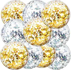 Civaner 10 Pcs Inflatable Glitter Beach Balls 16 Inch Confetti Pool Balls for Party Decorations Blow up Balloon Toys for Outdoor Summer Graduation Wedding Xmas(Gold, Silver)