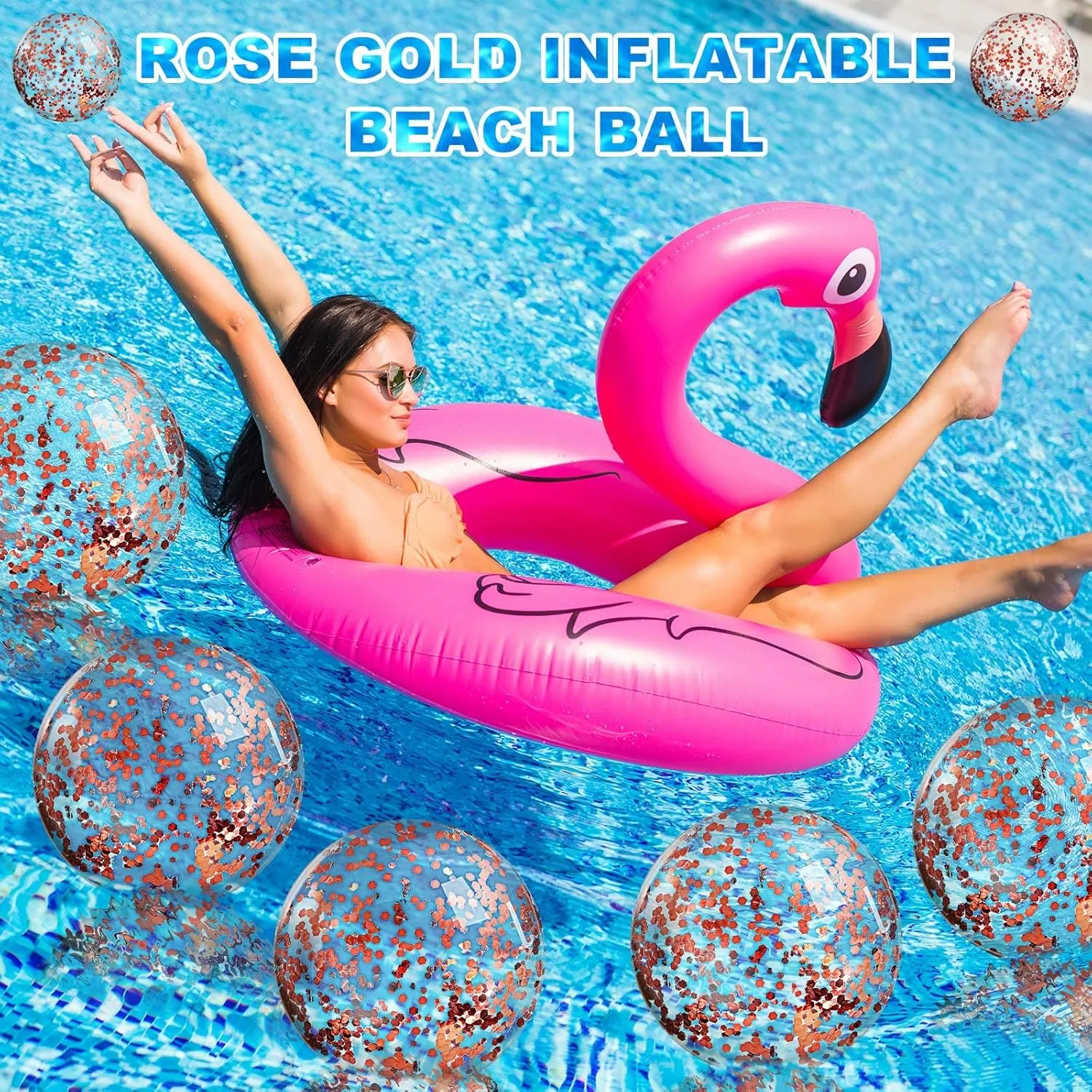 Civaner 10 Pcs Inflatable Glitter Beach Balls 16 Inch Confetti Pool Balls for Party Decorations Blow up Balloon Toys for Outdoor Summer Graduation Wedding Xmas(Rose Gold)