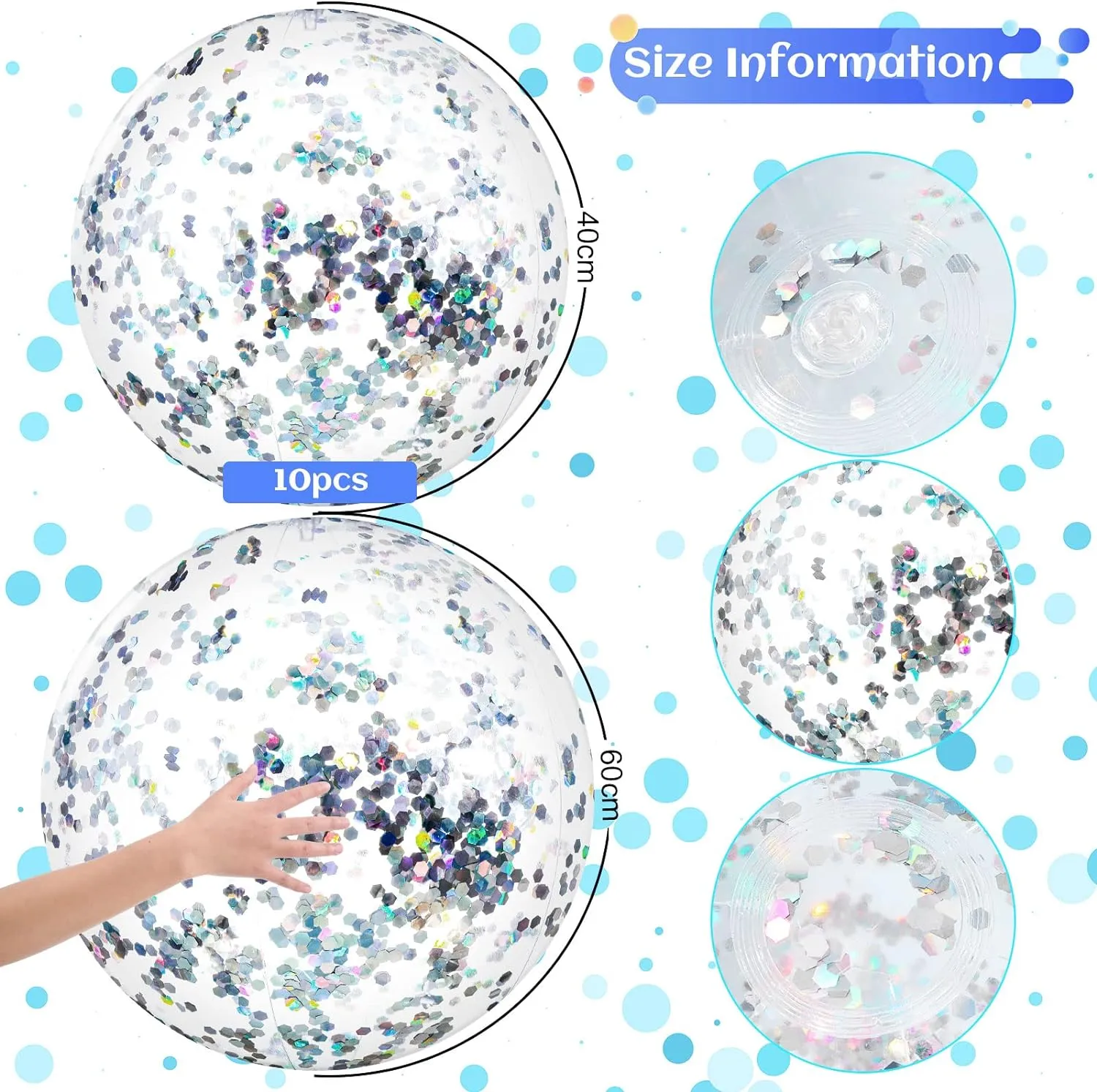 Civaner 10 Pieces Inflatable Beach Balls 16 Inch Glitter Summer Swimming Pool Balls Wedding Outdoor Decor Ornaments Floatable Confetti Decoration for Beach Xmas Party Favor(Silver,Glitter)
