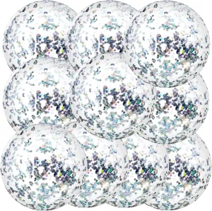 Civaner 10 Pieces Inflatable Beach Balls 16 Inch Glitter Summer Swimming Pool Balls Wedding Outdoor Decor Ornaments Floatable Confetti Decoration for Beach Xmas Party Favor(Silver,Glitter)