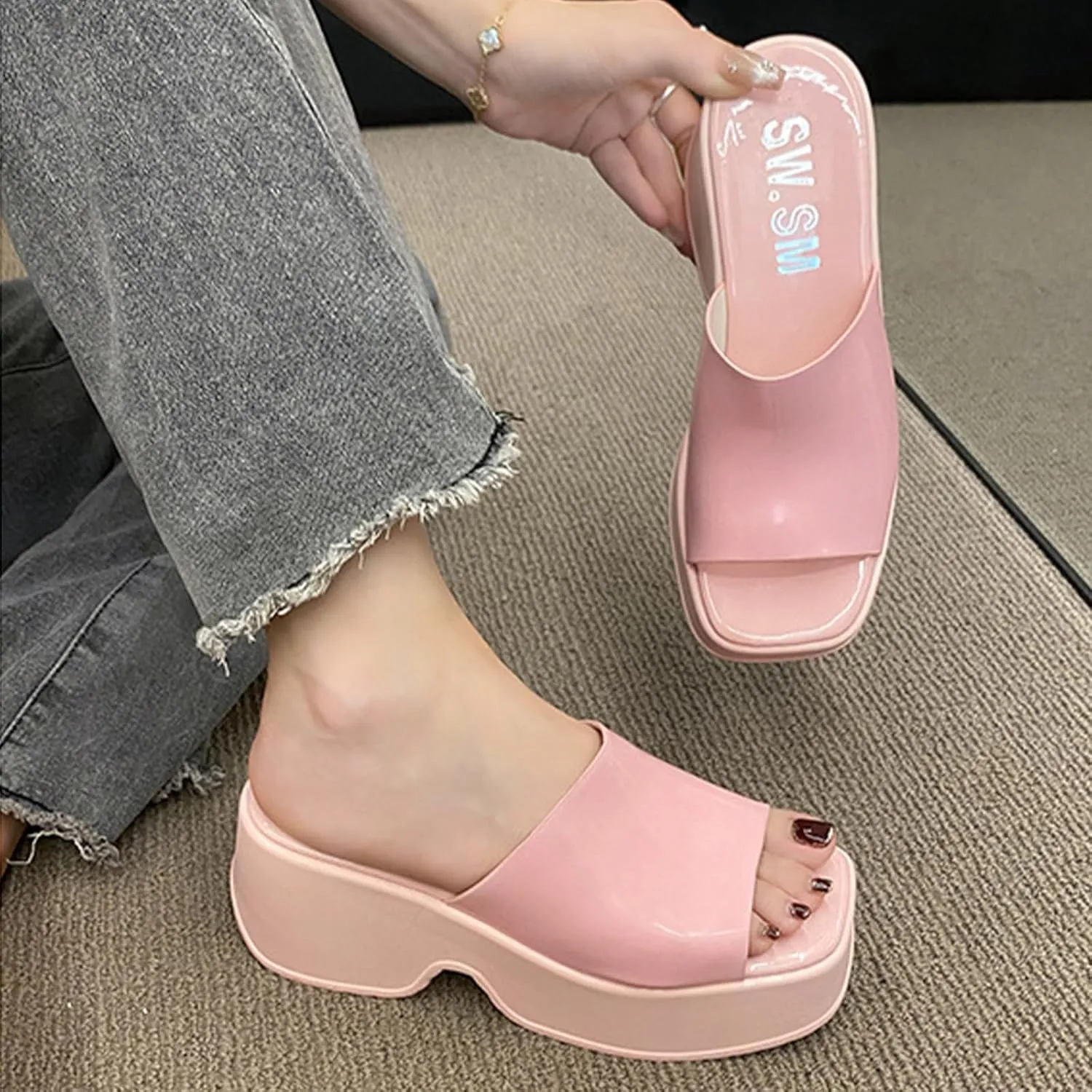 Crepuscute Women's Fish Mouth Platform Wedge Slides Sandals Backless Comfortable Slip On Fashion Sandals Summer Beach Party Casual Slippers