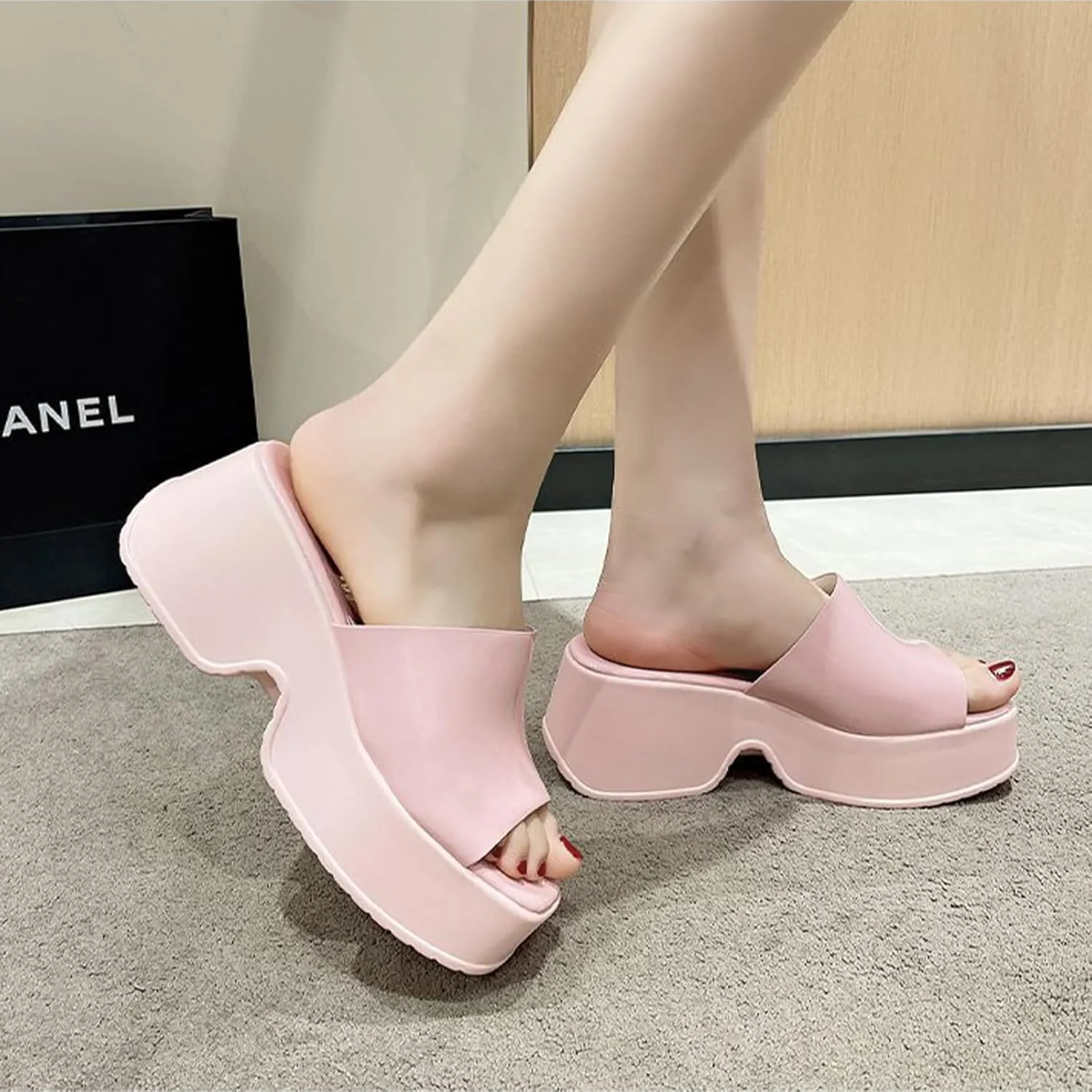 Crepuscute Women's Fish Mouth Platform Wedge Slides Sandals Backless Comfortable Slip On Fashion Sandals Summer Beach Party Casual Slippers