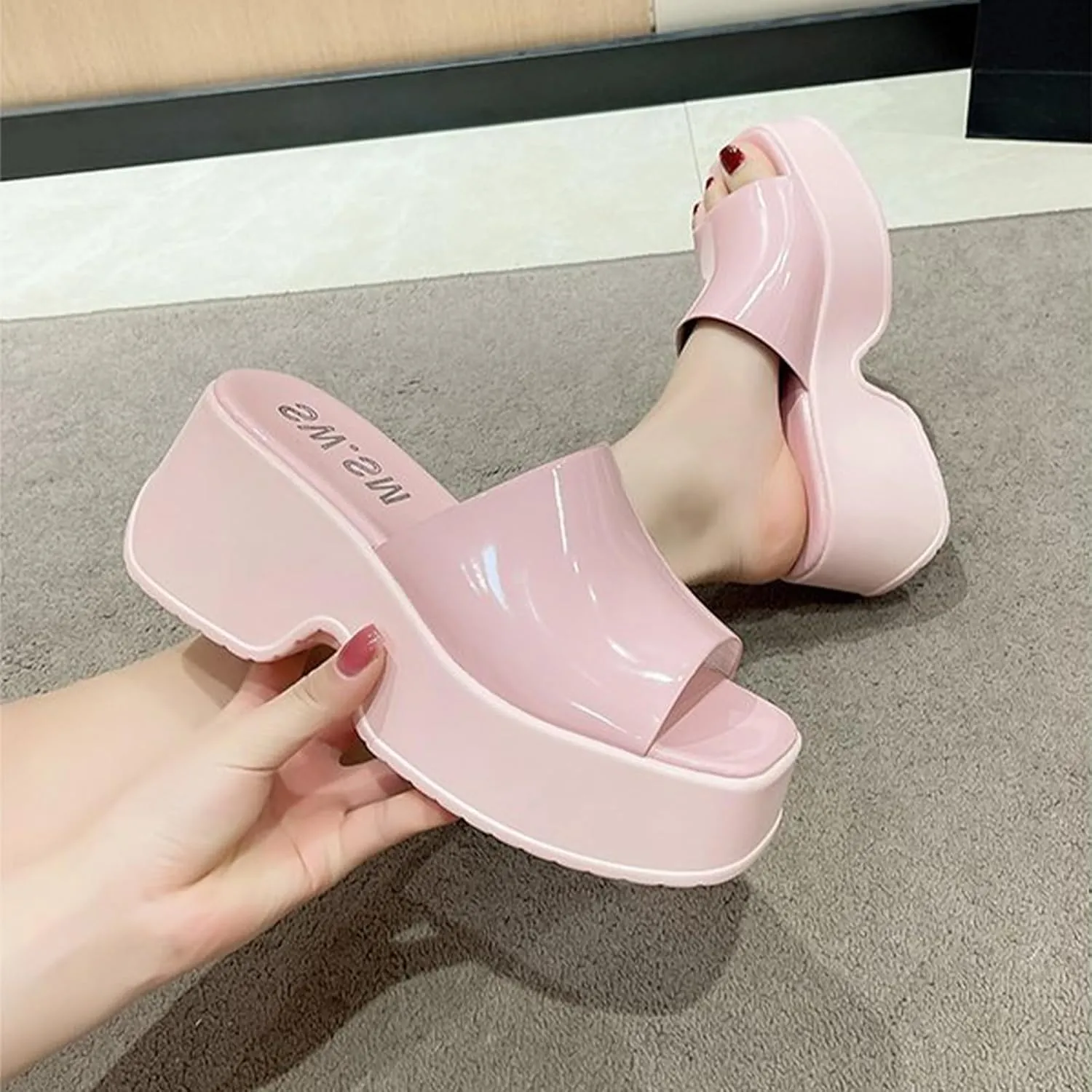 Crepuscute Women's Fish Mouth Platform Wedge Slides Sandals Backless Comfortable Slip On Fashion Sandals Summer Beach Party Casual Slippers