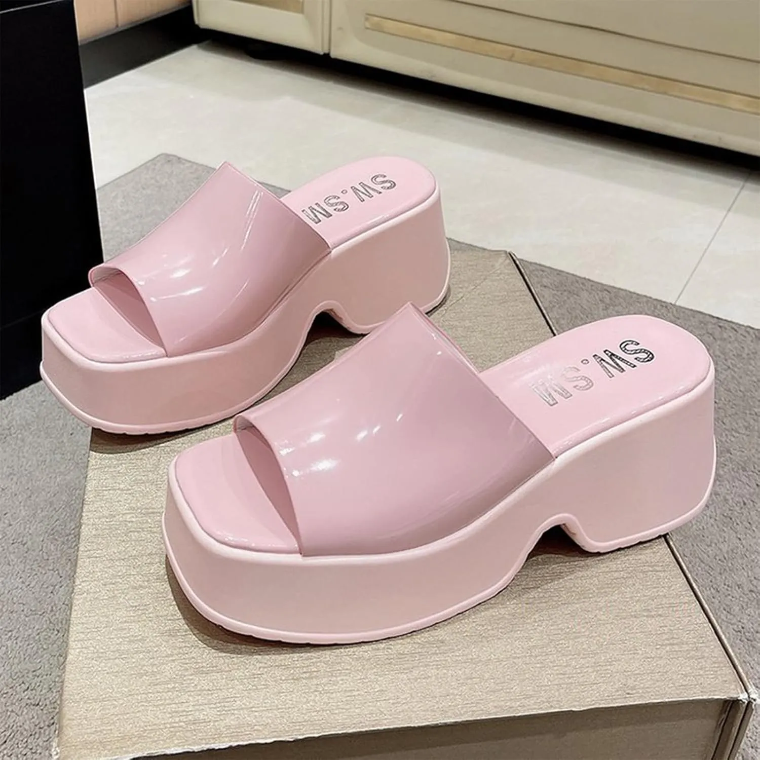 Crepuscute Women's Fish Mouth Platform Wedge Slides Sandals Backless Comfortable Slip On Fashion Sandals Summer Beach Party Casual Slippers