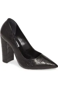 Croc Embossed Leather Pointed Toe 4 Inch Stacked Heel Pump