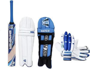CW Trainer Red Blue Wooden Cricket kit for All Age Groups Kashmir Willow Cricket Bat Size 3-6 Cricket Glove Kit for Boys - Senior Men Full Size Left & Right Hand Kit