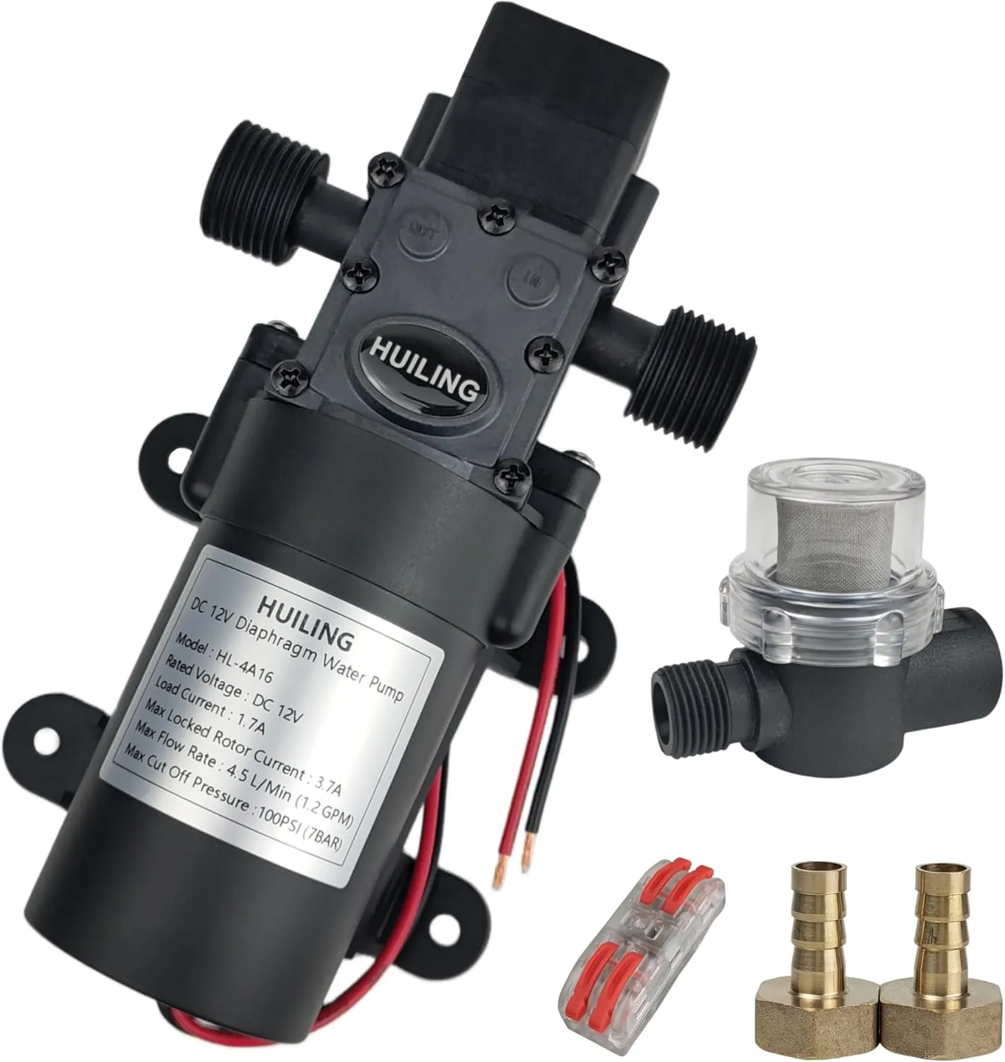 DC 12V Diaphragm Pump, Self-Priming Pump with Filter Quick Connection Terminal, 1.2 GPM 100 PSI Pressure Switch Adjustable Spray Pump, Suitable for RV Camping Shower Garden