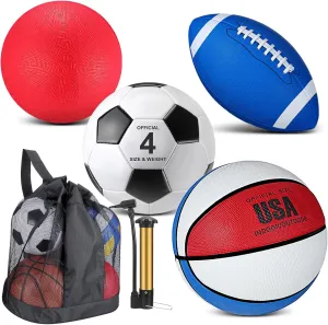 Deekin 4 Pcs Sport Balls Set for Kids Teens, Include Size 5 Basketball 4 Soccer 6 Football Playground Ball and Pump, Sports Bag Equipment Gift for Kids Graduation Gift(Bright Color)