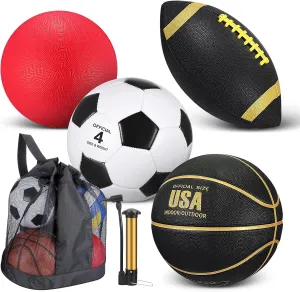 Deekin 4 Pcs Sport Balls Set for Kids Teens, Include Size 5 Basketball 4 Soccer 6 Football Playground Ball and Pump, Sports Bag Equipment Gift for Kids Graduation Gift(Classic Color)