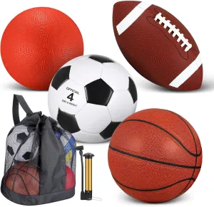Deekin 4 Pcs Sport Balls Set for Kids Teens, Include Size 5 Basketball 4 Soccer 6 Football Playground Ball and Pump, Sports Bag Equipment Gift for Kids Graduation Gift(Normal Color)