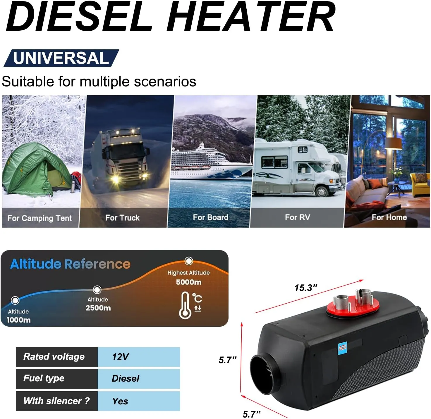 Diesel Air Heater 12V 5KW-8KW Parking Heater Diesel Night Heater with Silencer LCD Switch Remote Control 10L Tank for Truck, Boat, Car Trailer, Motorhomes, Campervans, Caravas