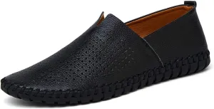 Driving Loafer for Men Casual Shoes Slip on Synthetic Leather Round Toe Solid Color Stitching Rubber Sole Splice Antislip (Perforated Option) (Color : Black, Size : 9.5 M US)