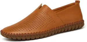 Driving Loafer for Men Casual Shoes Slip on Synthetic Leather Round Toe Solid Color Stitching Rubber Sole Splice Antislip (Perforated Option) (Color : Brown, Size : 8.5 M US)