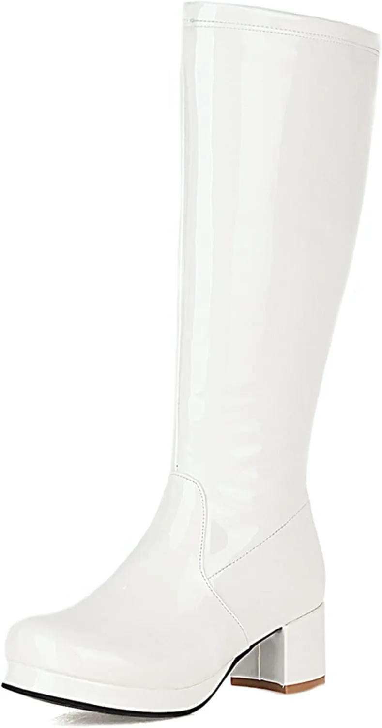 Elbslutt Women's Gogo Boots Knee High Patent Leather Chunky Block Heels Wide Calf Go Boots Zip Up 70s Disco Dance Shoes