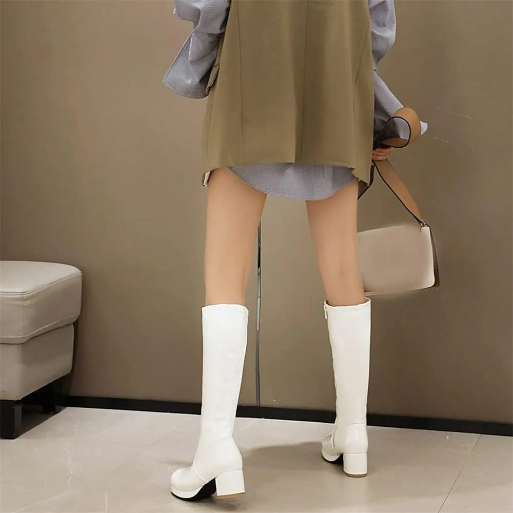 Elbslutt Women's Gogo Boots Knee High Patent Leather Chunky Block Heels Wide Calf Go Boots Zip Up 70s Disco Dance Shoes