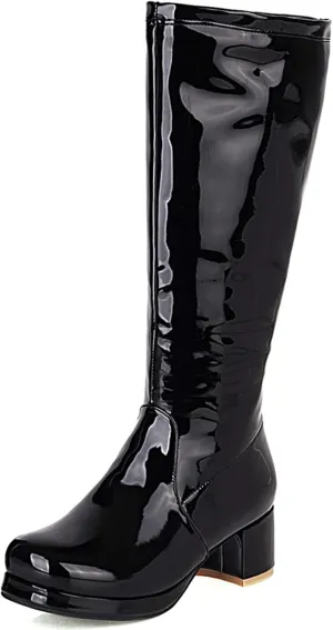 Elbslutt Women's Gogo Boots Knee High Patent Leather Chunky Block Heels Wide Calf Go Boots Zip Up 70s Disco Dance Shoes