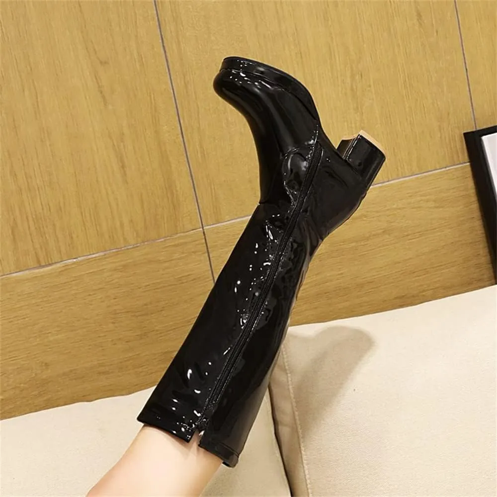 Elbslutt Women's Gogo Boots Knee High Patent Leather Chunky Block Heels Wide Calf Go Boots Zip Up 70s Disco Dance Shoes