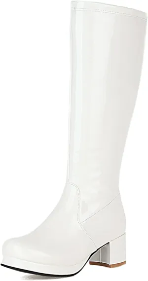 Elbslutt Women's Gogo Boots Knee High Patent Leather Chunky Block Heels Wide Calf Go Boots Zip Up 70s Disco Dance Shoes