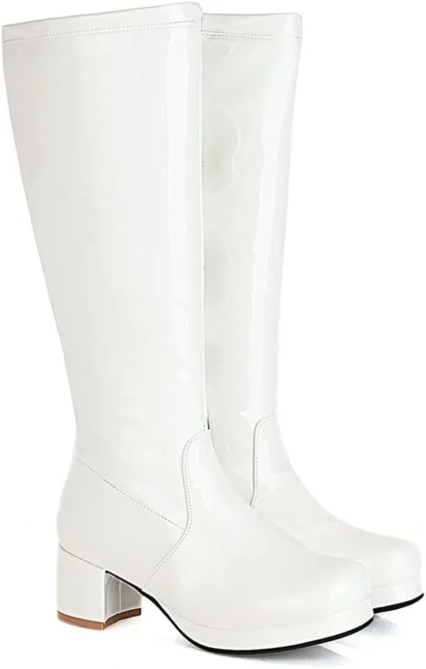 Elbslutt Women's Gogo Boots Knee High Patent Leather Chunky Block Heels Wide Calf Go Boots Zip Up 70s Disco Dance Shoes