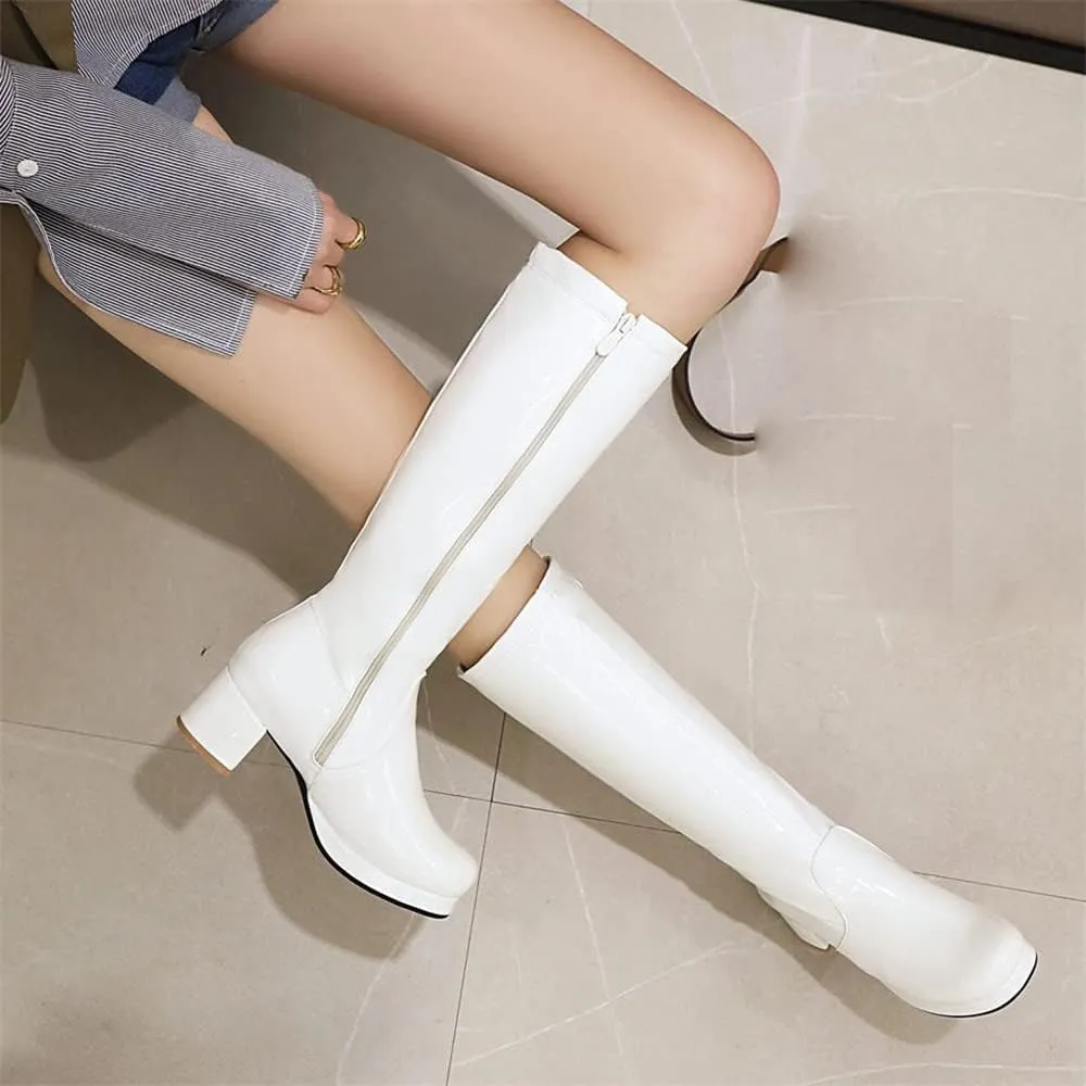 Elbslutt Women's Gogo Boots Knee High Patent Leather Chunky Block Heels Wide Calf Go Boots Zip Up 70s Disco Dance Shoes