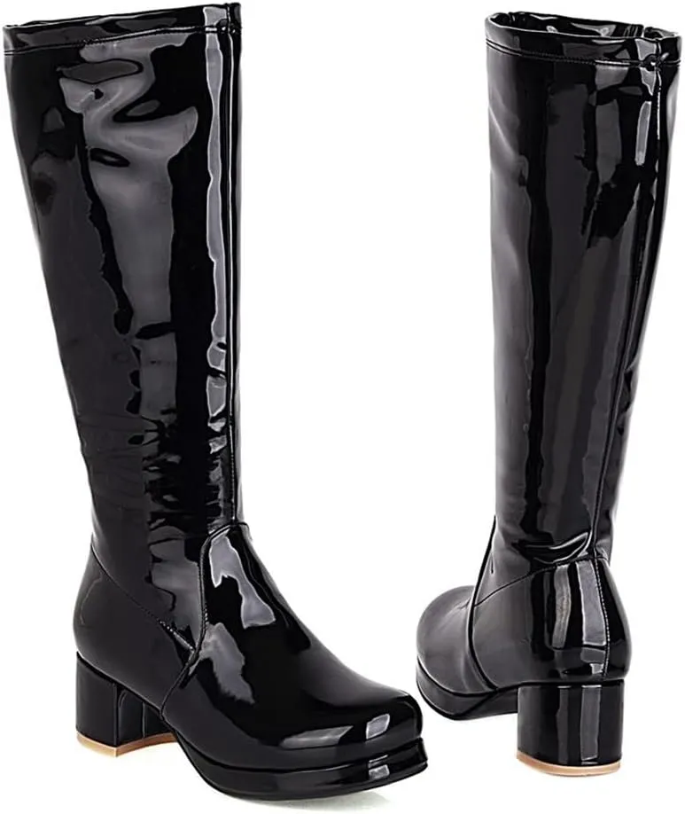 Elbslutt Women's Gogo Boots Knee High Patent Leather Chunky Block Heels Wide Calf Go Boots Zip Up 70s Disco Dance Shoes