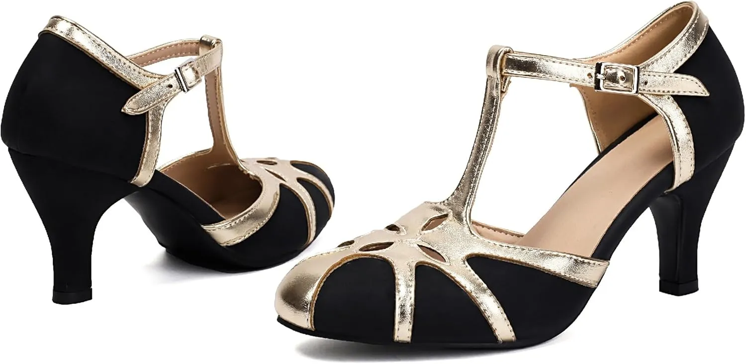 Elerhythm Women's Mary Jane Rockability Tear Cut Close Round Toe T Strap Vintage 1950s Heels Retro 1920s Victorian Pumps Shoes
