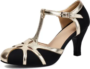 Elerhythm Women's Mary Jane Rockability Tear Cut Close Round Toe T Strap Vintage 1950s Heels Retro 1920s Victorian Pumps Shoes
