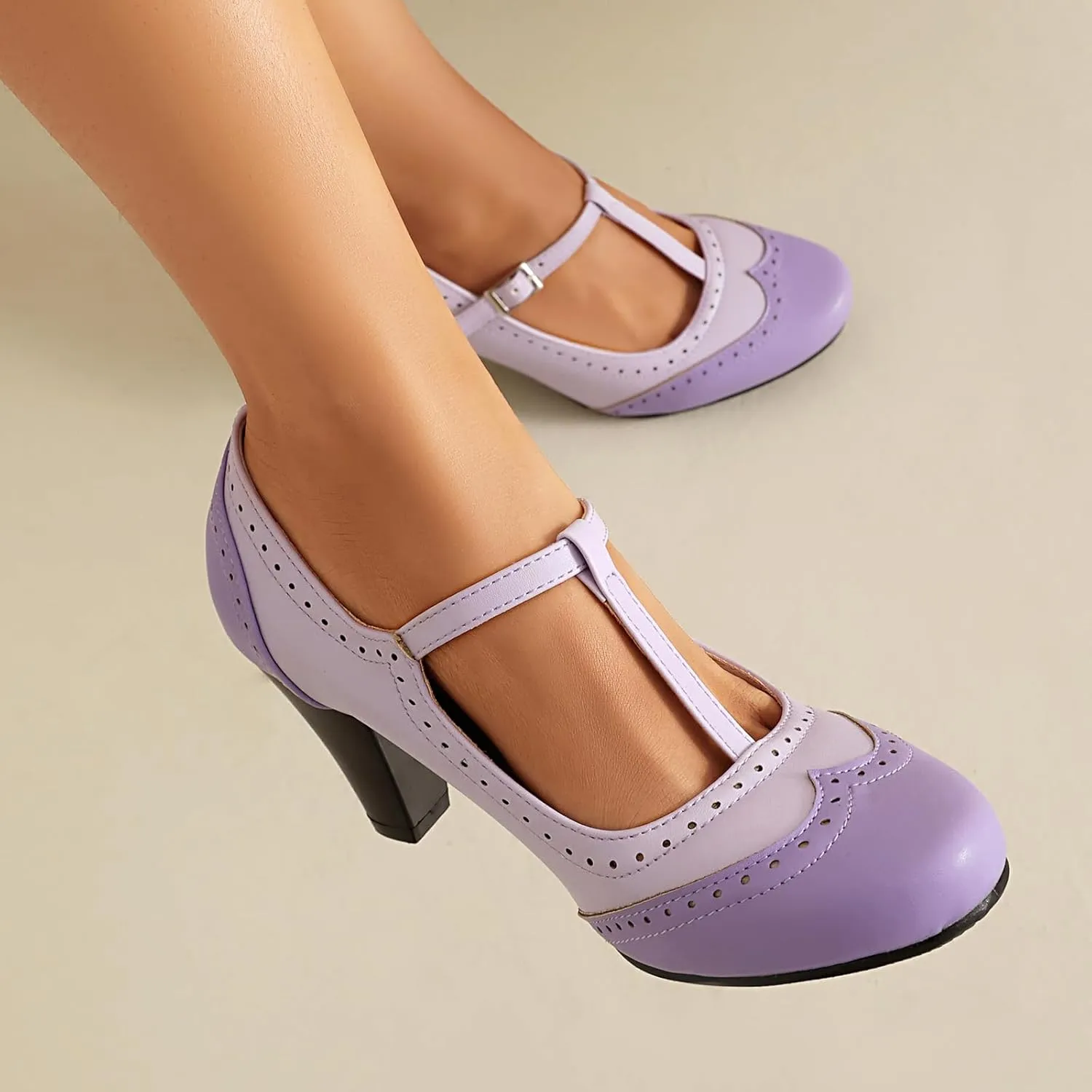 Elerhythm Women's Mary Jane Two Tone Classic and Retro Oxford Wingtip 1920s Pump Heels 1950s Vintage Round Closed Toe 1940s Ankle Strap Dress Shoes