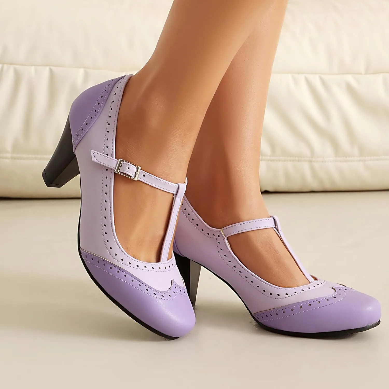 Elerhythm Women's Mary Jane Two Tone Classic and Retro Oxford Wingtip 1920s Pump Heels 1950s Vintage Round Closed Toe 1940s Ankle Strap Dress Shoes