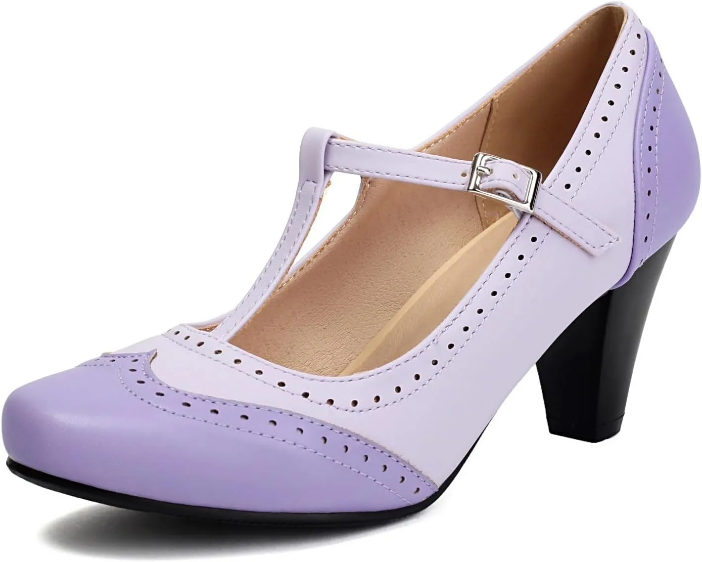Elerhythm Women's Mary Jane Two Tone Classic and Retro Oxford Wingtip 1920s Pump Heels 1950s Vintage Round Closed Toe 1940s Ankle Strap Dress Shoes