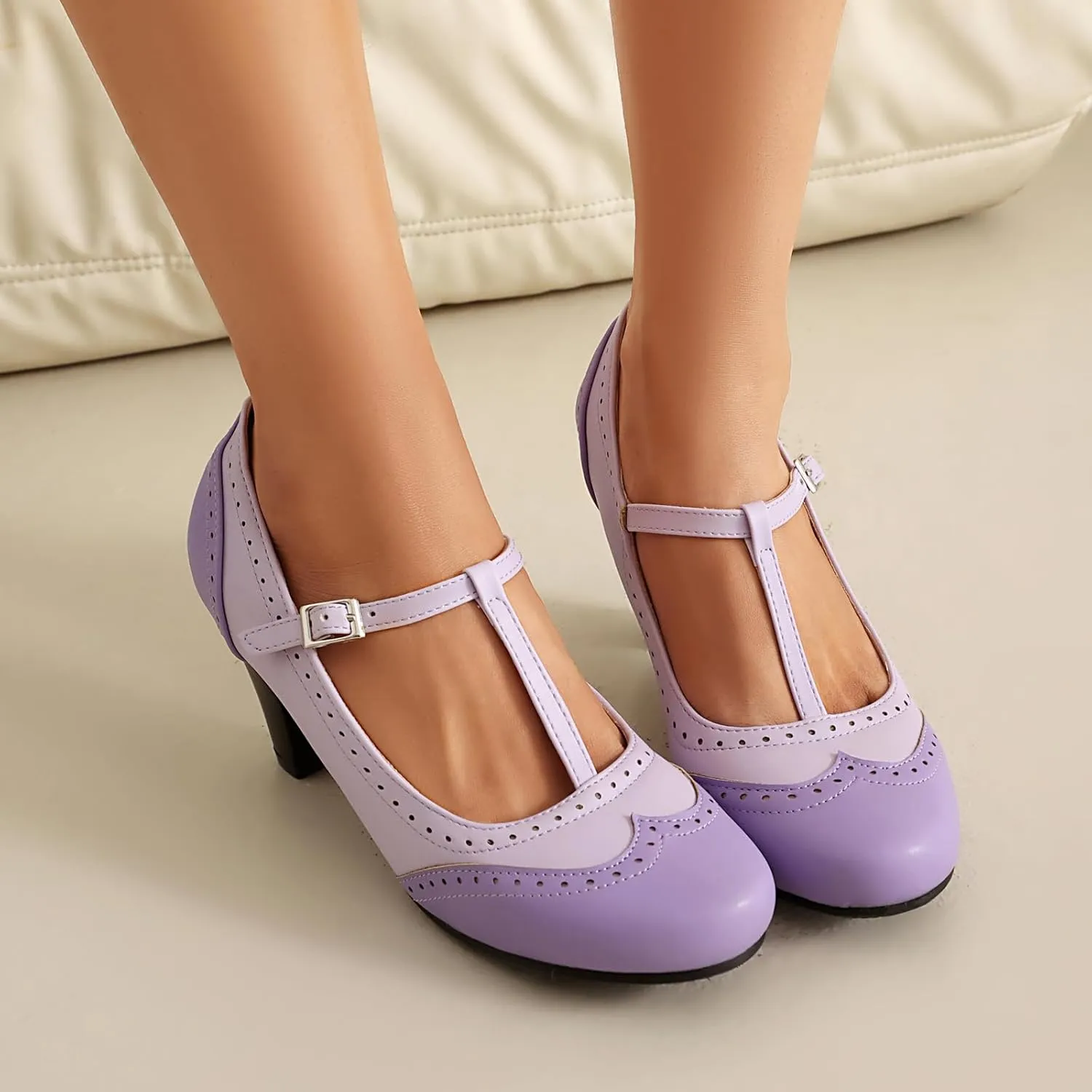 Elerhythm Women's Mary Jane Two Tone Classic and Retro Oxford Wingtip 1920s Pump Heels 1950s Vintage Round Closed Toe 1940s Ankle Strap Dress Shoes