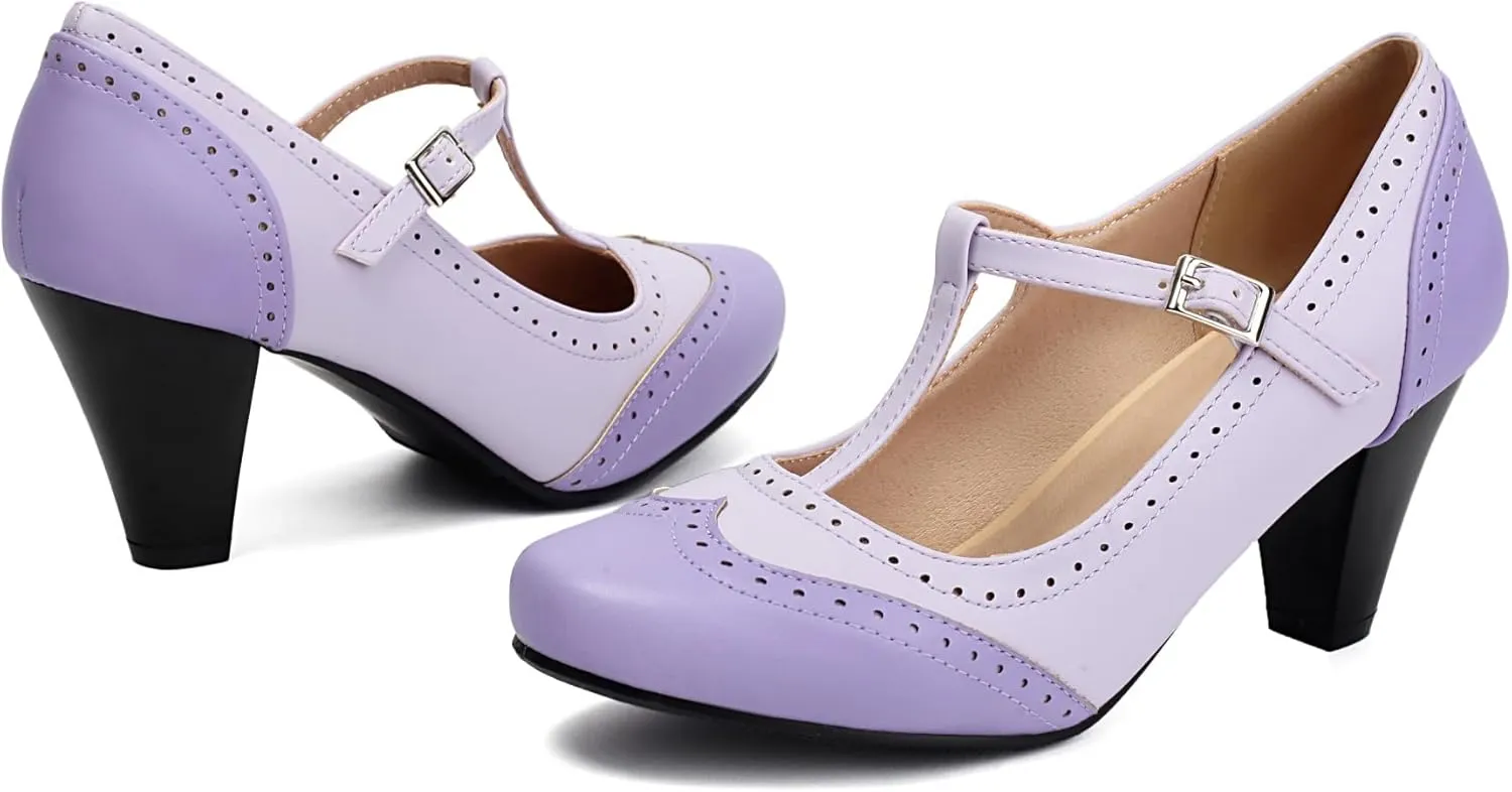 Elerhythm Women's Mary Jane Two Tone Classic and Retro Oxford Wingtip 1920s Pump Heels 1950s Vintage Round Closed Toe 1940s Ankle Strap Dress Shoes