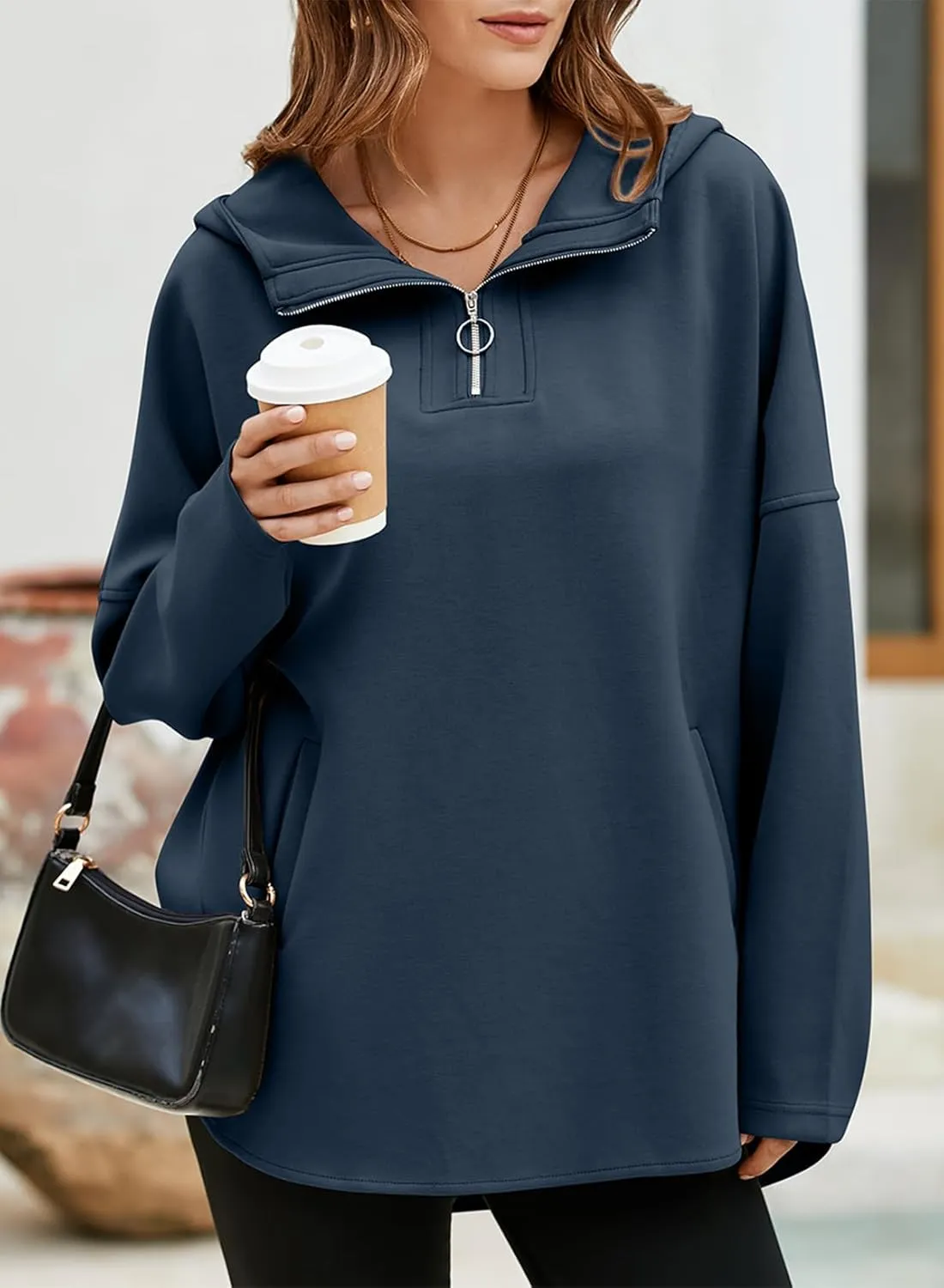 EVALESS Women's Oversized Hoodies Casual Long Sleeve Half Zipper Pocket Sweatshirt Pullover Tops